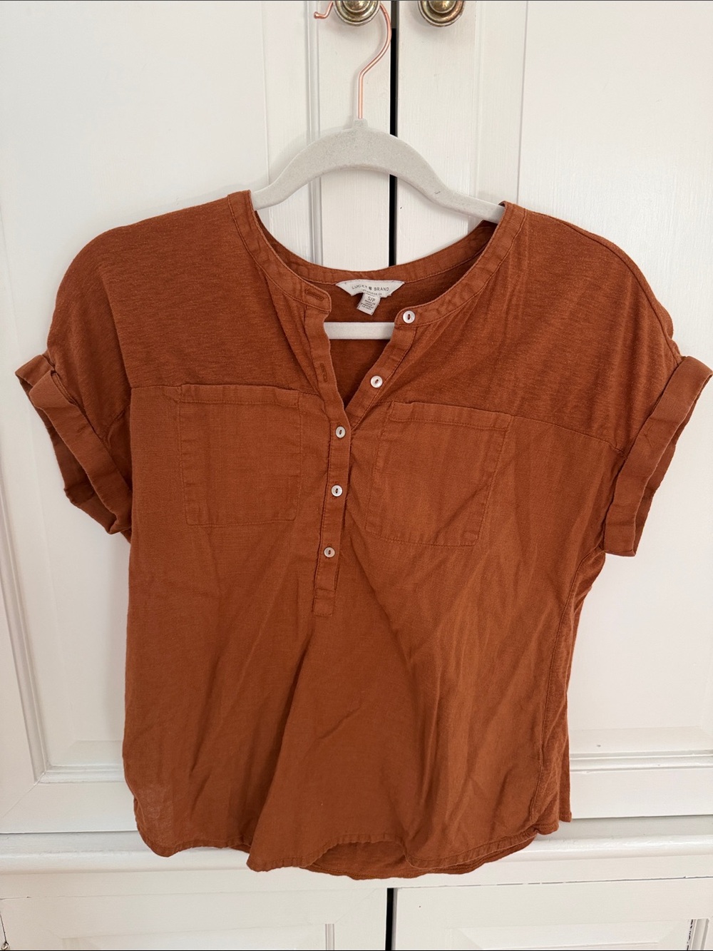 Lucky Brand Brown Lightweight Tee Small Button Front Rolled Sleeve Casual Top